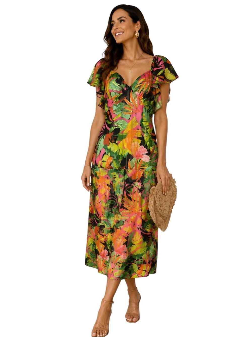 NWT Anthropologie  G.P.D. Tropical Floral Maxi Ruffled Sleeve Tiered Dress Small